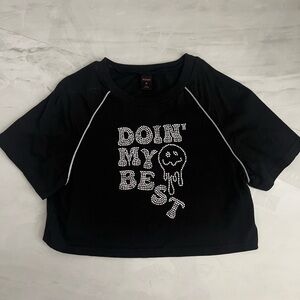 Romwe Black cropped tee with gem stitching and "Doin' My Best" design